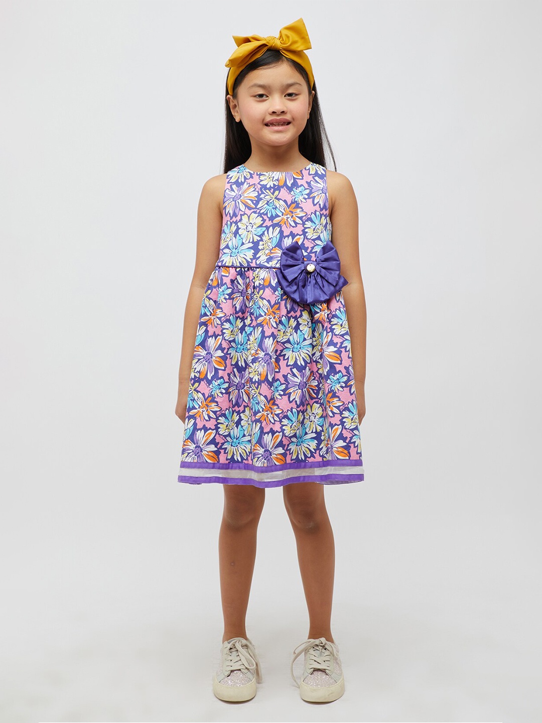 

One Friday Girls Floral Printed Pure Cotton Sleeveless A-Line Dress, Navy blue