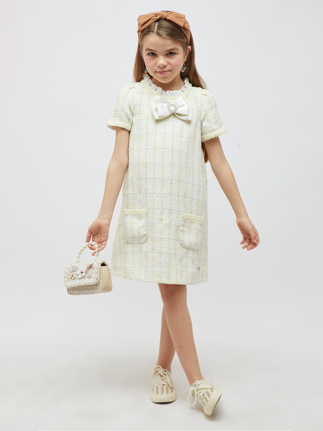 

One Friday Girls Checked Round Neck A-Line Dress, Lime green