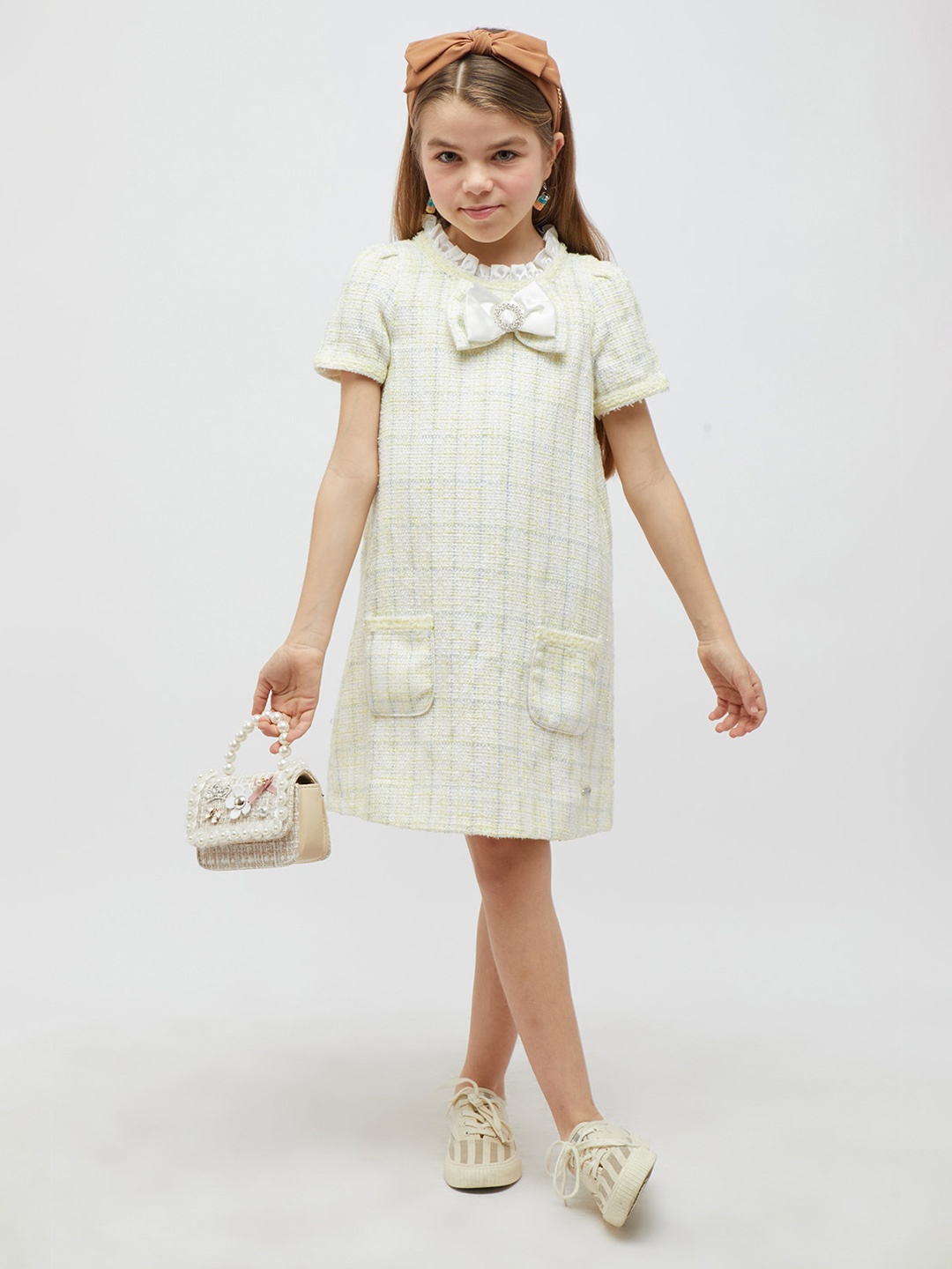 

One Friday Girls Checked Round Neck A-Line Dress, Lime green