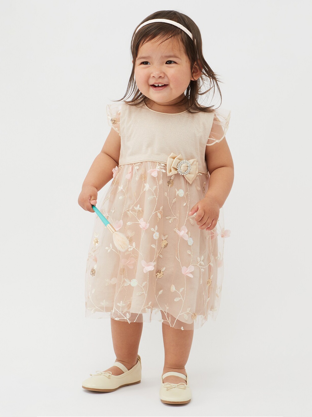 

One Friday Infant Girls Embroidered Flutter Sleeves A-Line Dress, Beige