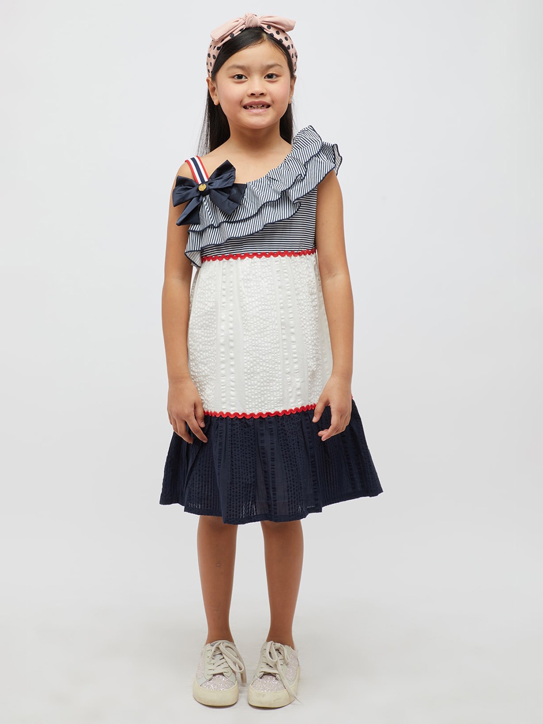 

One Friday Girls Striped Ruffled Pure Cotton Fit & Flare Dress, Navy blue