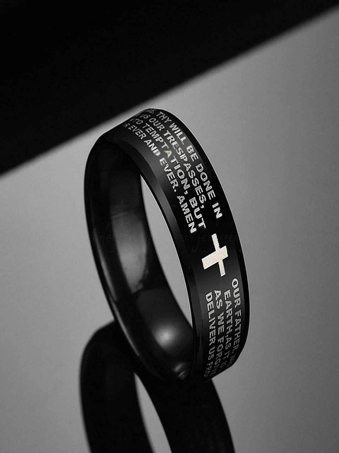 

UNIVERSITY TRENDZ Lord Prayer Engraved Cross Ring, Black