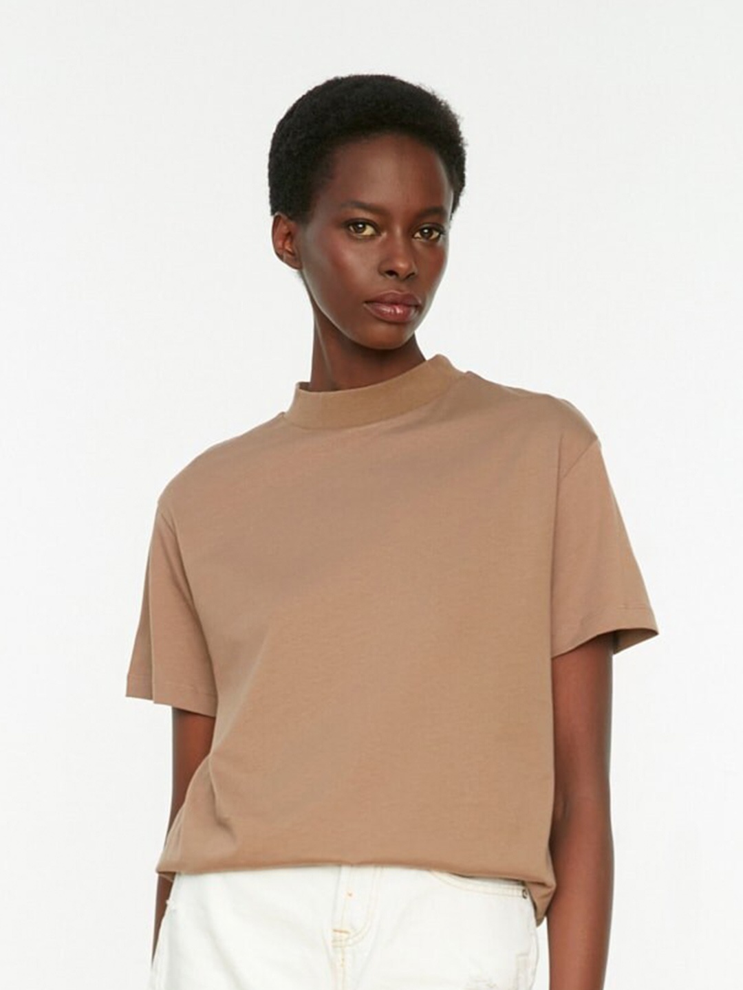 

Trendyol High Neck Drop Shoulder Pure Cotton T-shirt, Camel brown