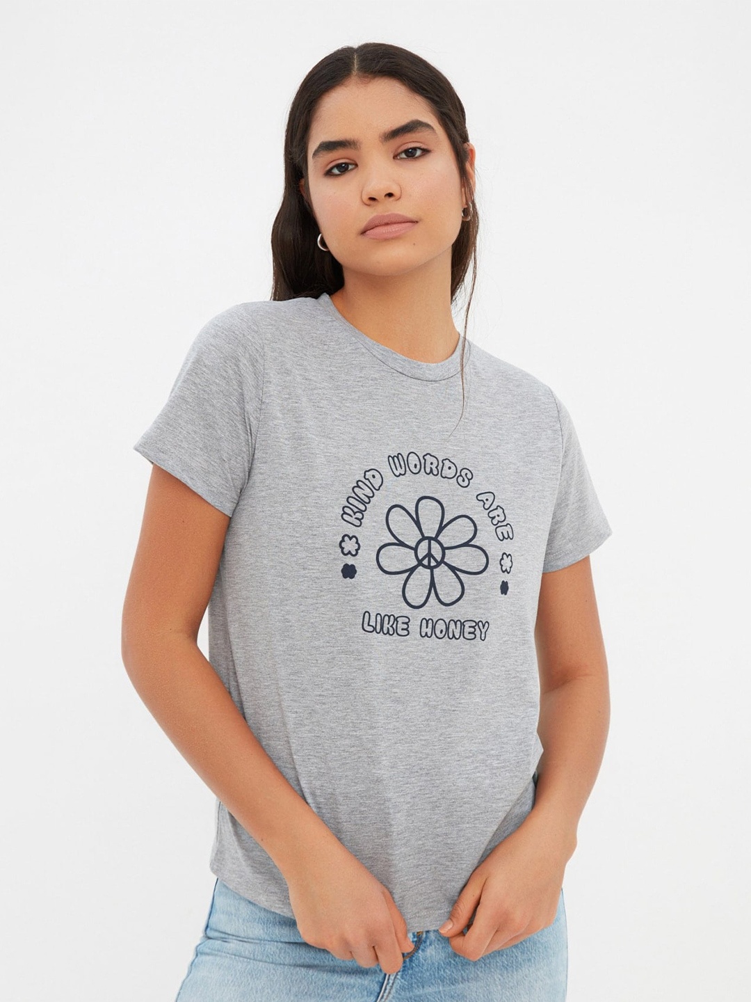 

Trendyol Typography Printed Pure Cotton T-shirt, Grey melange
