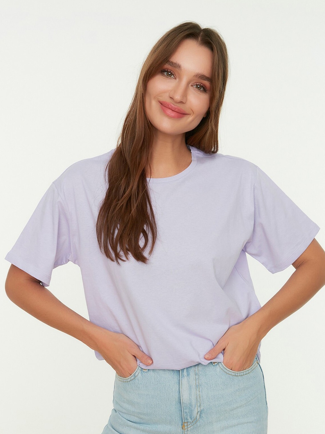 

Trendyol Round Neck Cotton T-shirt, Lavender