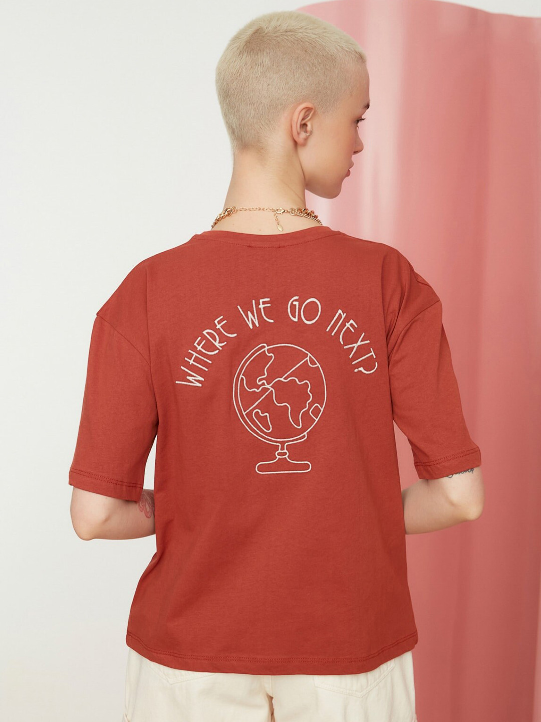 

Trendyol Graphic Printed Drop Shoulder Pure Cotton T-shirt, Rust