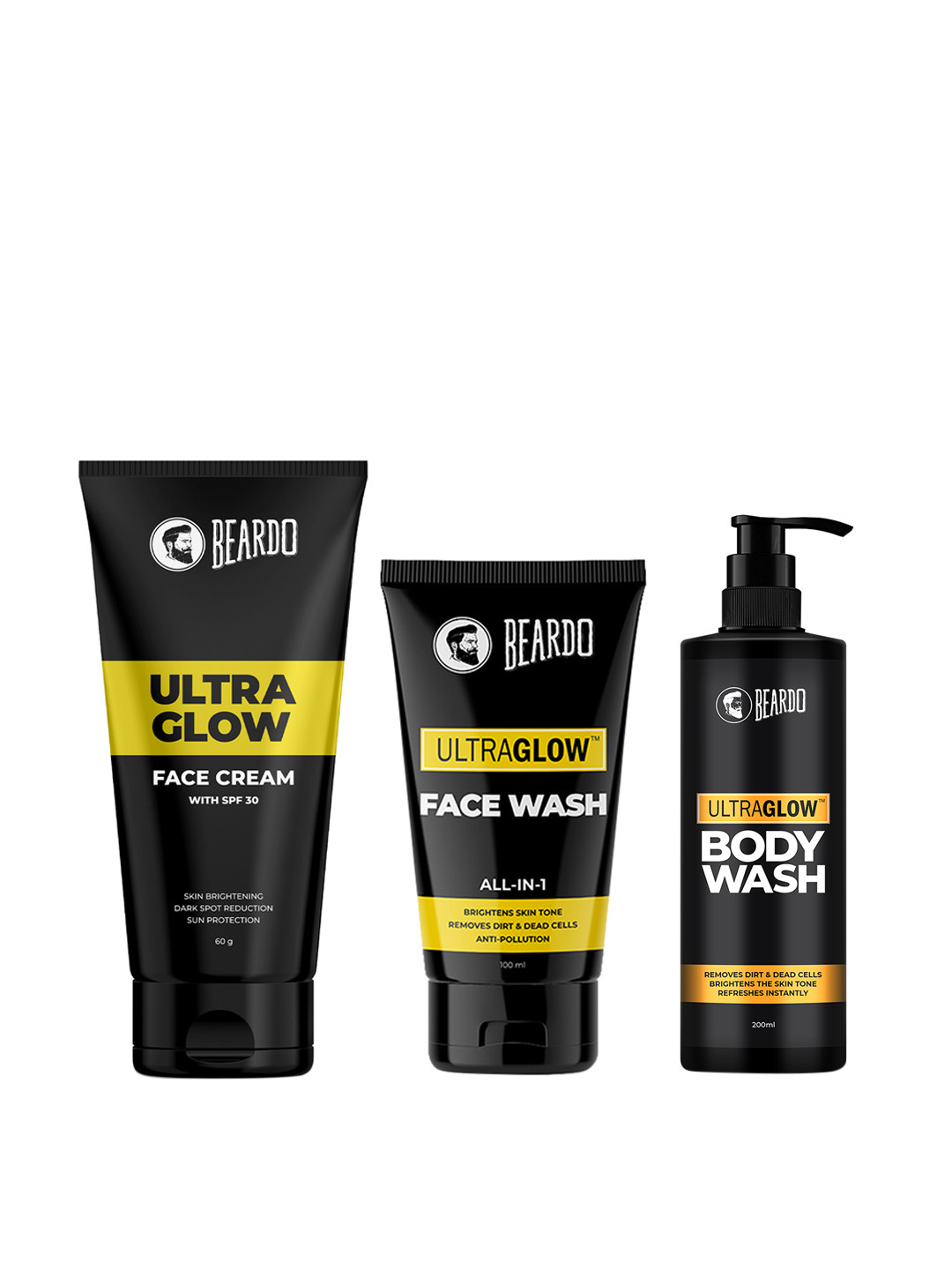 

BEARDO Men UltraGlow Grooming Set - Face Cream + Face Wash + Body Wash, Black