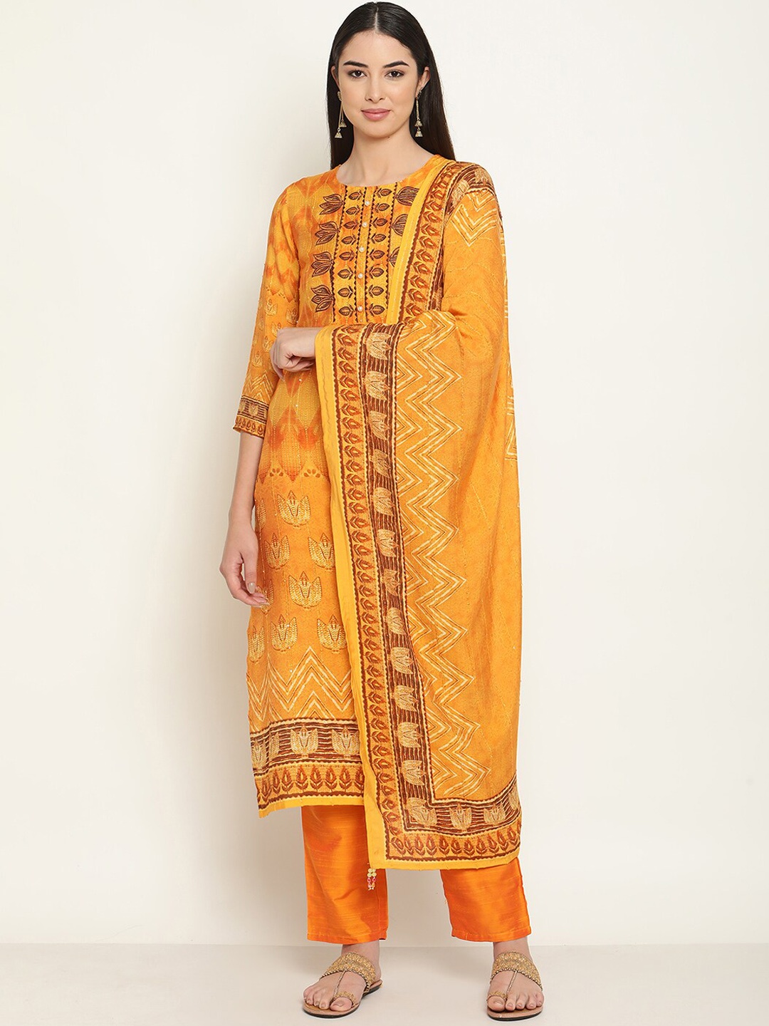 

Be Indi Women Floral Embroidered Straight Kurta with Trouser & Dupatta Set, Mustard