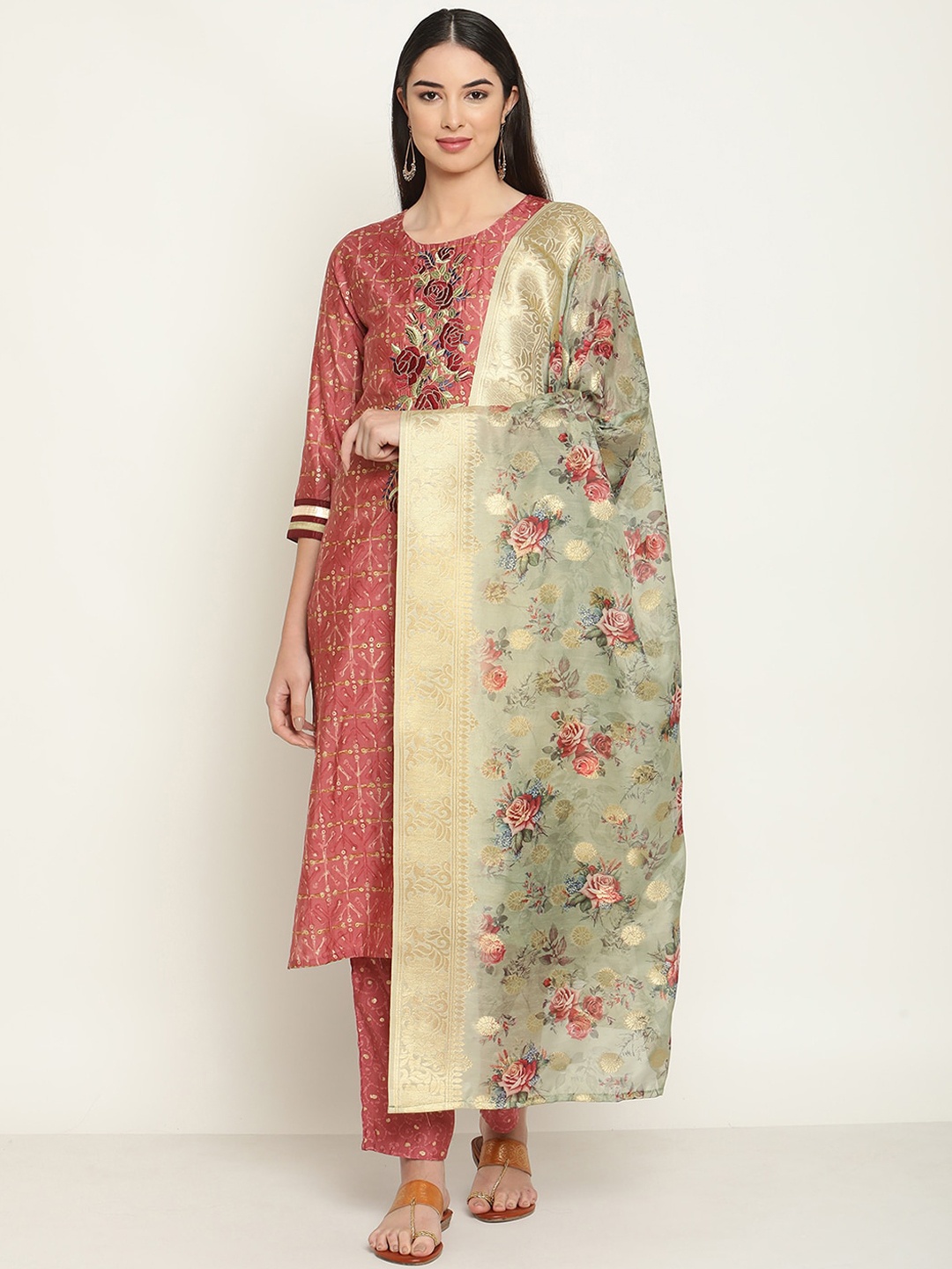 

Be Indi Women Floral Embroidered Straight Kurta with Trousers & Dupatta, Pink