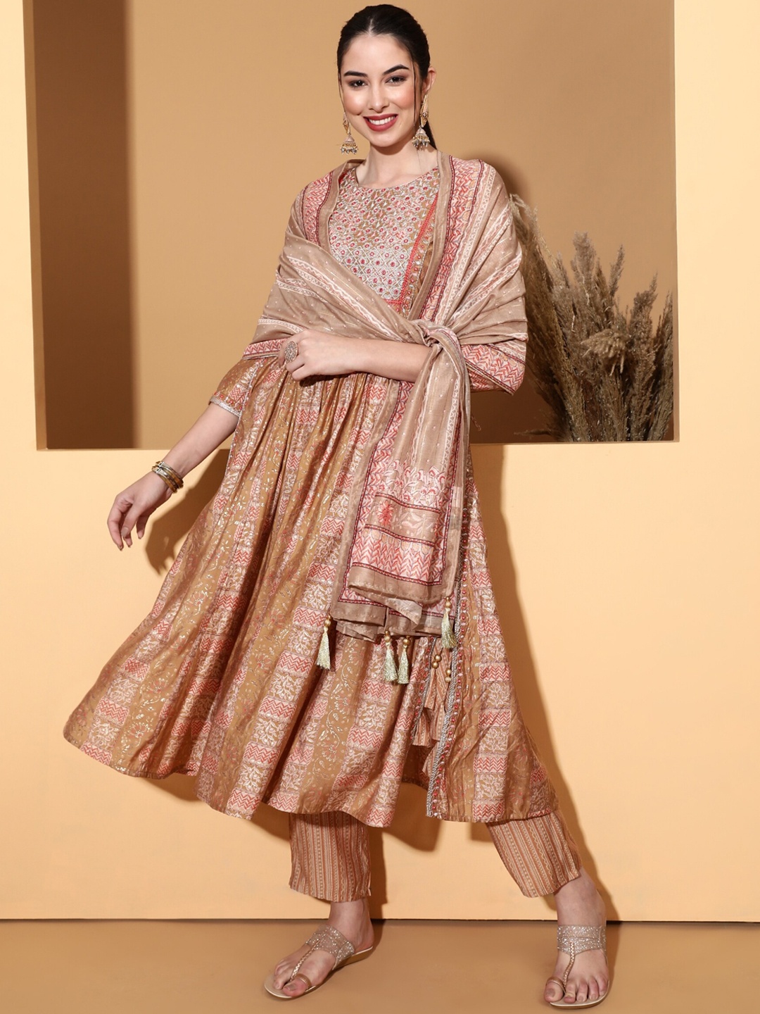 

Be Indi Ethnic Motifs Printed Mirror Work Kurta with Trousers & Dupatta, Camel brown