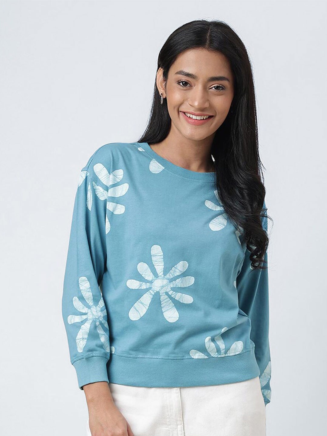 

Fabindia Floral Printed Cotton Cotton Pullover Sweatshirt, Turquoise blue