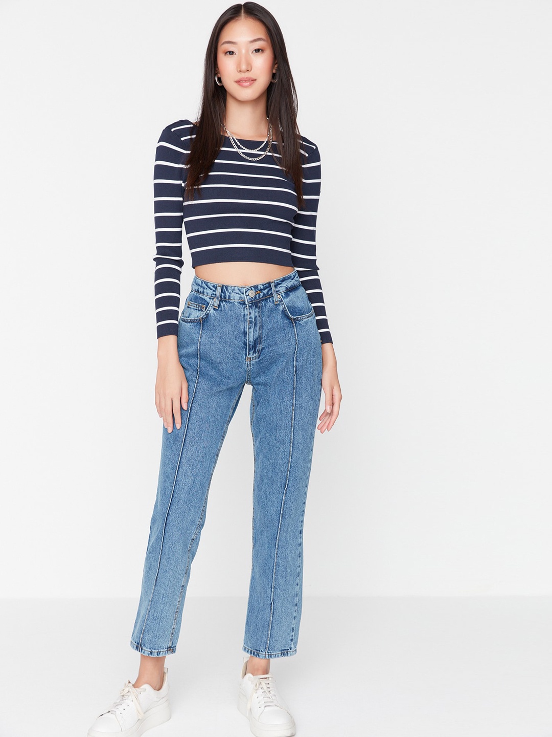 

Trendyol Women High-Rise Straight Fit Cropped Jeans, Blue