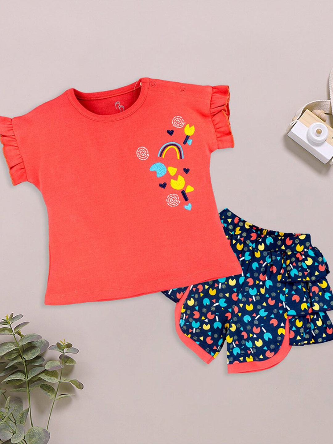 

BABY GO Girls Printed Pure Cotton T-shirt With Shorts, Orange