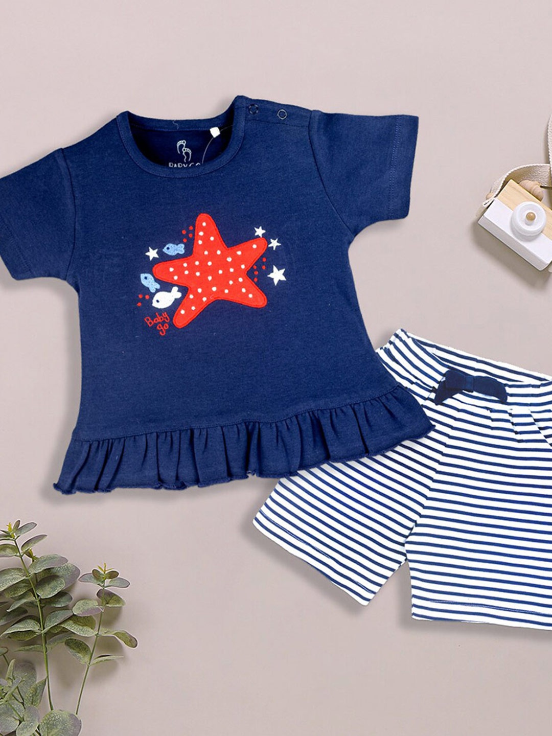 

BABY GO Infants Girls Printed Pure Cotton T-shirt With Shorts Set, Navy blue