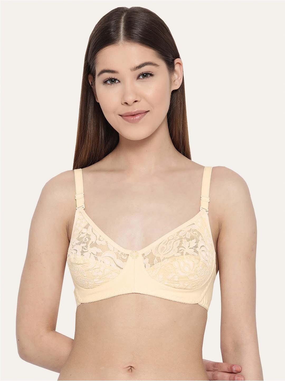 

Lady Lyka Floral Non-Padded Non-Wired Medium Coverage All Day Comfort Cotton T-shirt Bra, Beige