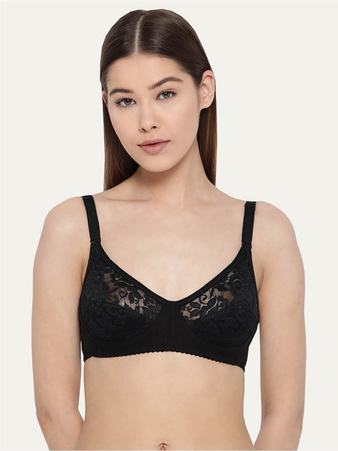 

Lady Lyka Non-Wired All Day Comfort Seamless Lace Cotton T-Shirt Bra, Black