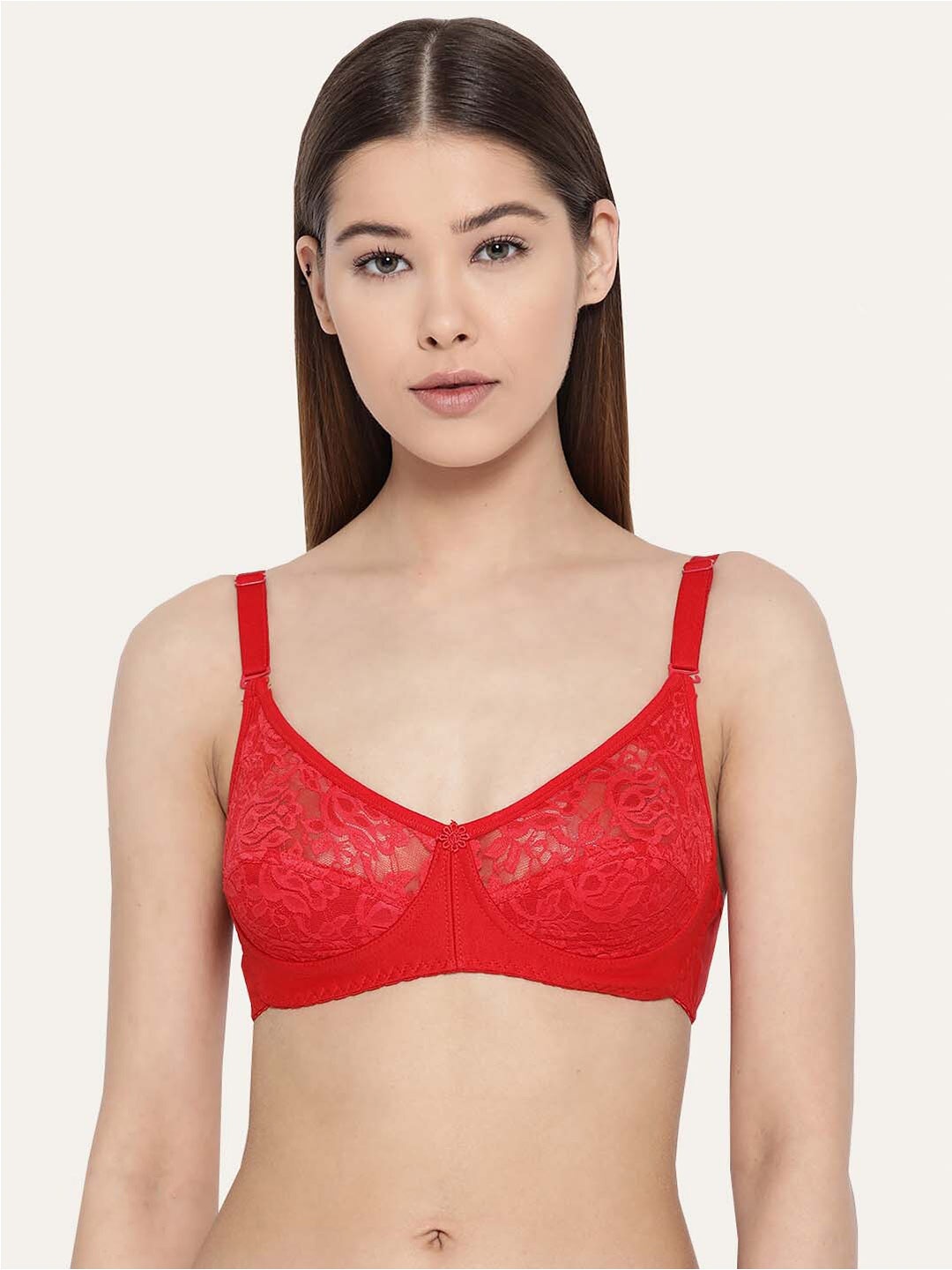 

Lady Lyka Floral Lace Non-Padded Non-Wired Medium Coverage Cut & Sew Cotton T-shirt Bra, Red