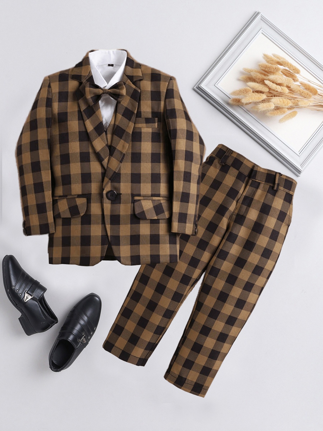 

Jeetethnics Infant Boys Checked Single-Breasted 4-Piece Party Suit, Beige