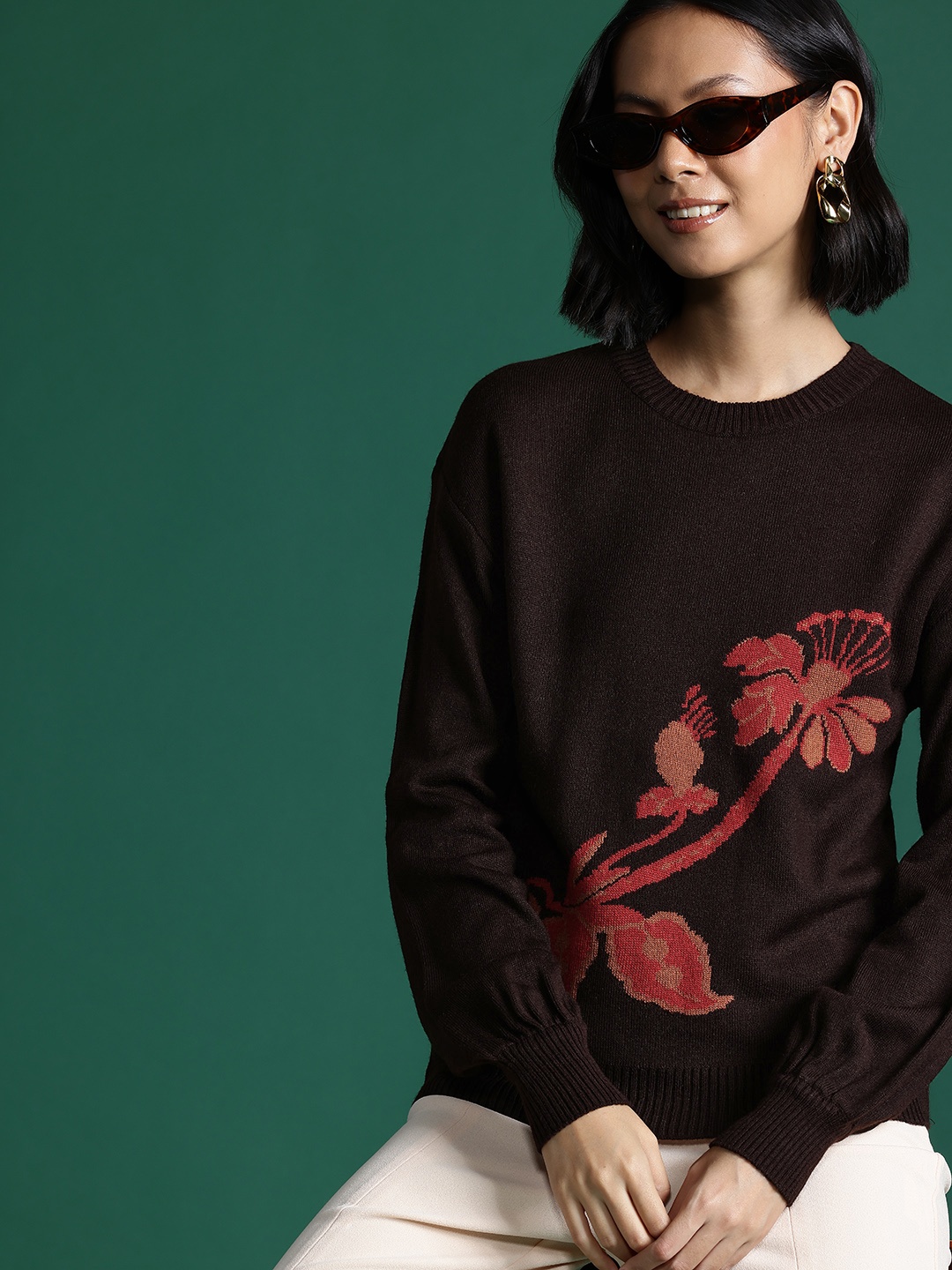 

Sangria Acrylic Floral Self Design Pullover, Brown