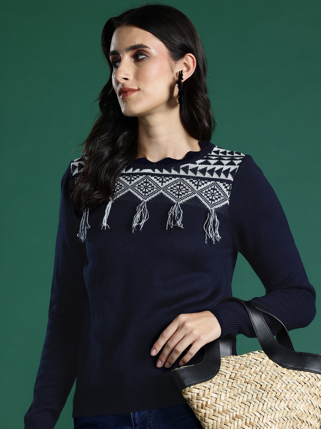 

Sangria Self Design Acrylic Pullover with Fringed Detail, Navy blue
