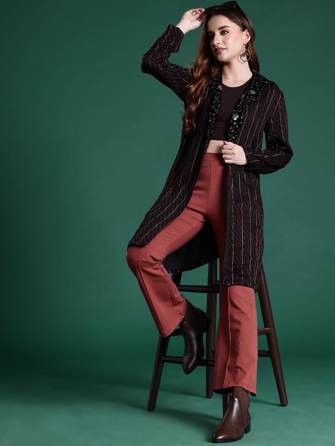 

Sangria Sequin Embellished Notched Lapel Collar Front Buttoned Longline Ethnic Jacket, Black