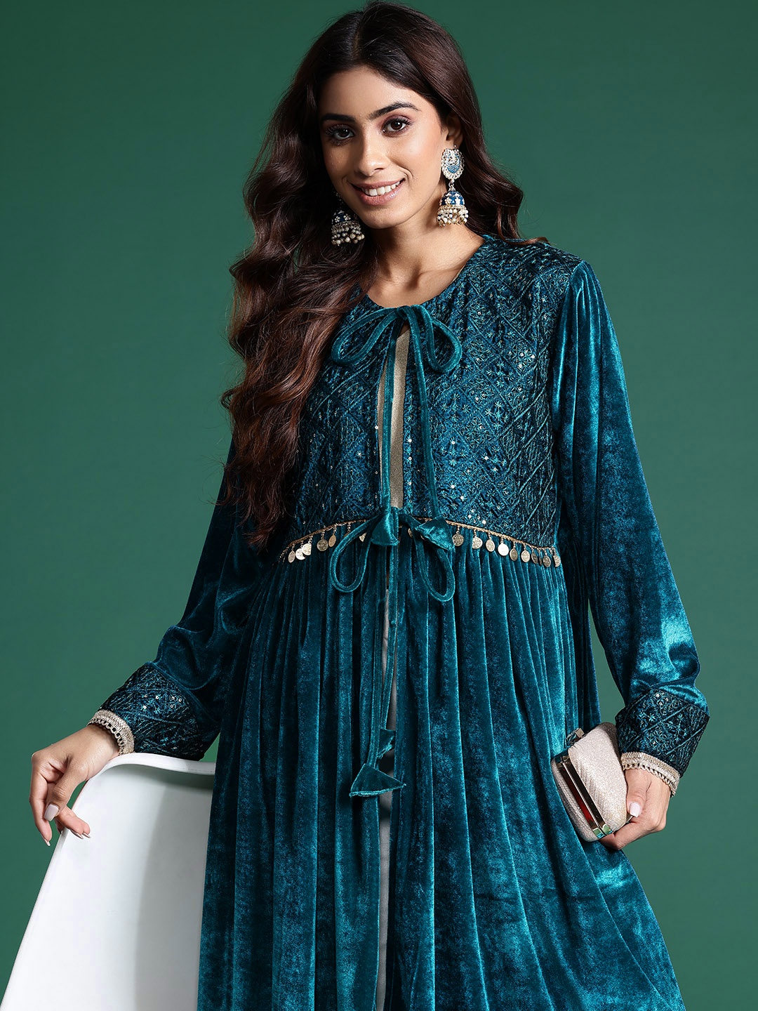 

Sangria Velvet Finish Tie-Up Detail Embroidered Longline Ethnic Jacket, Teal