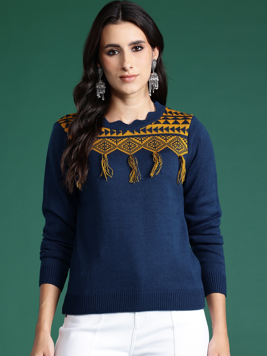 

Sangria Pure Acrylic Self-Design Pullover with Fringes, Blue