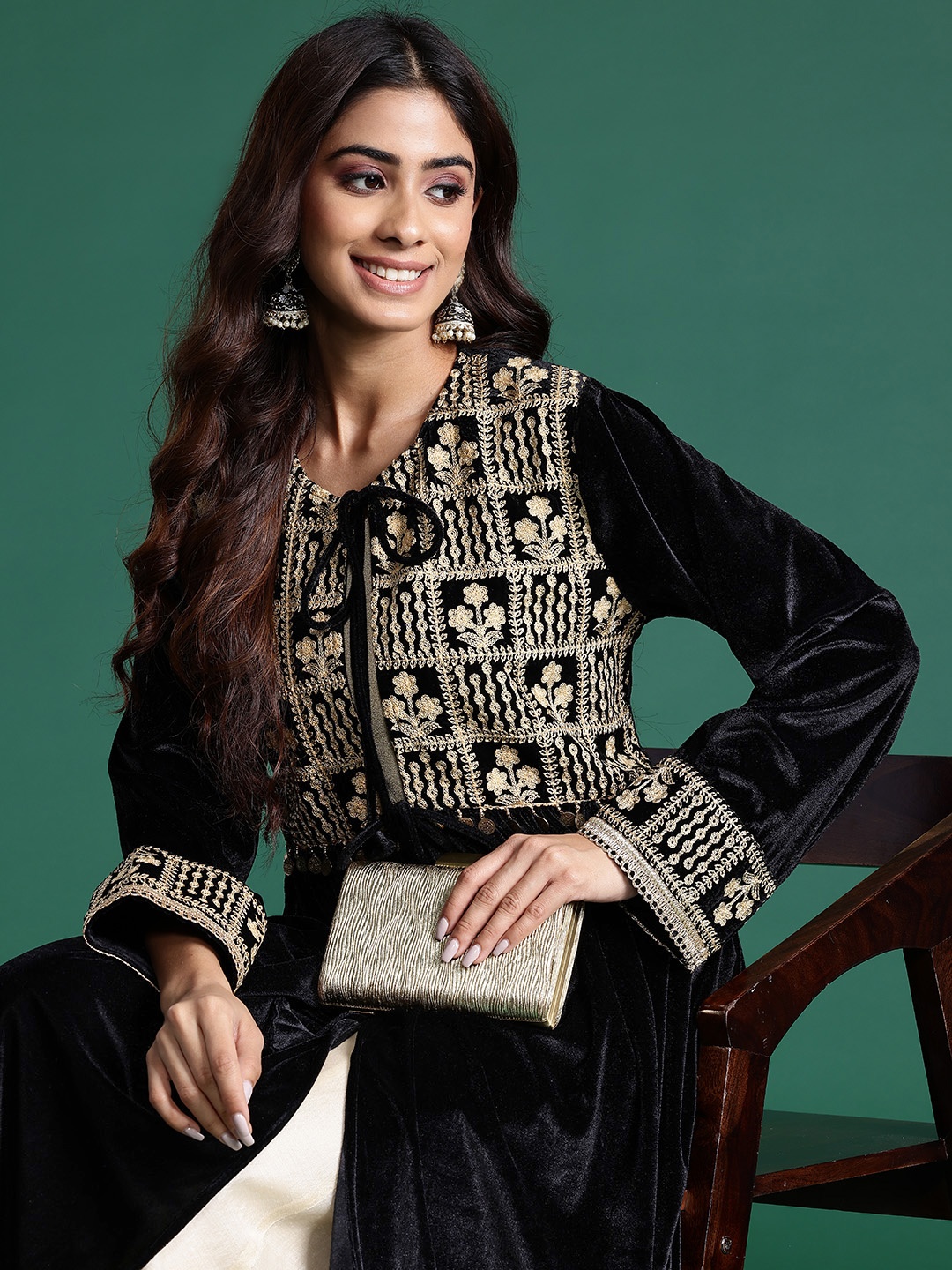 

Sangria Velvet Finish Tie-Up Detail Embroidered Longline Ethnic Jacket, Black