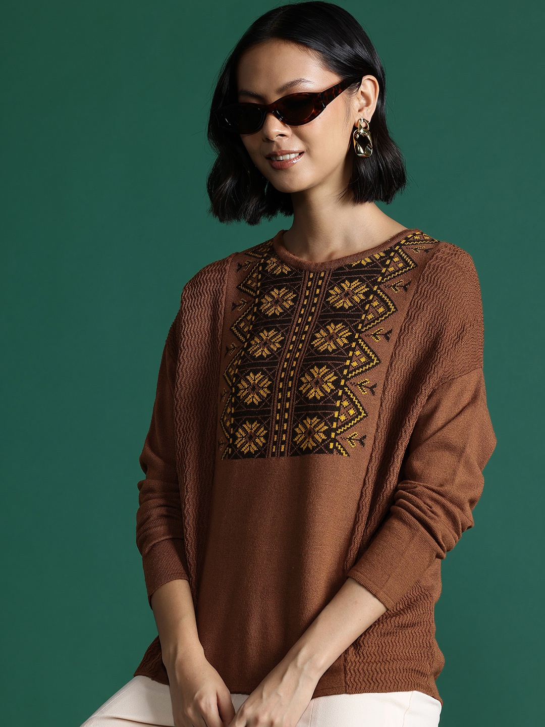 

Sangria Acrylic Floral Self Design Pullover, Brown