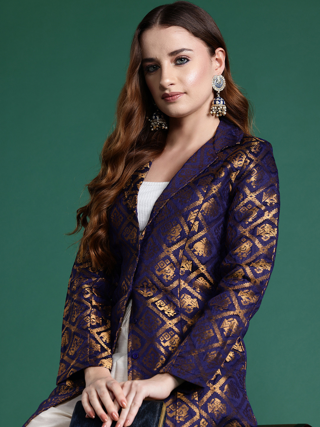 

Sangria Brocade Longline Ethnic Jacket, Blue