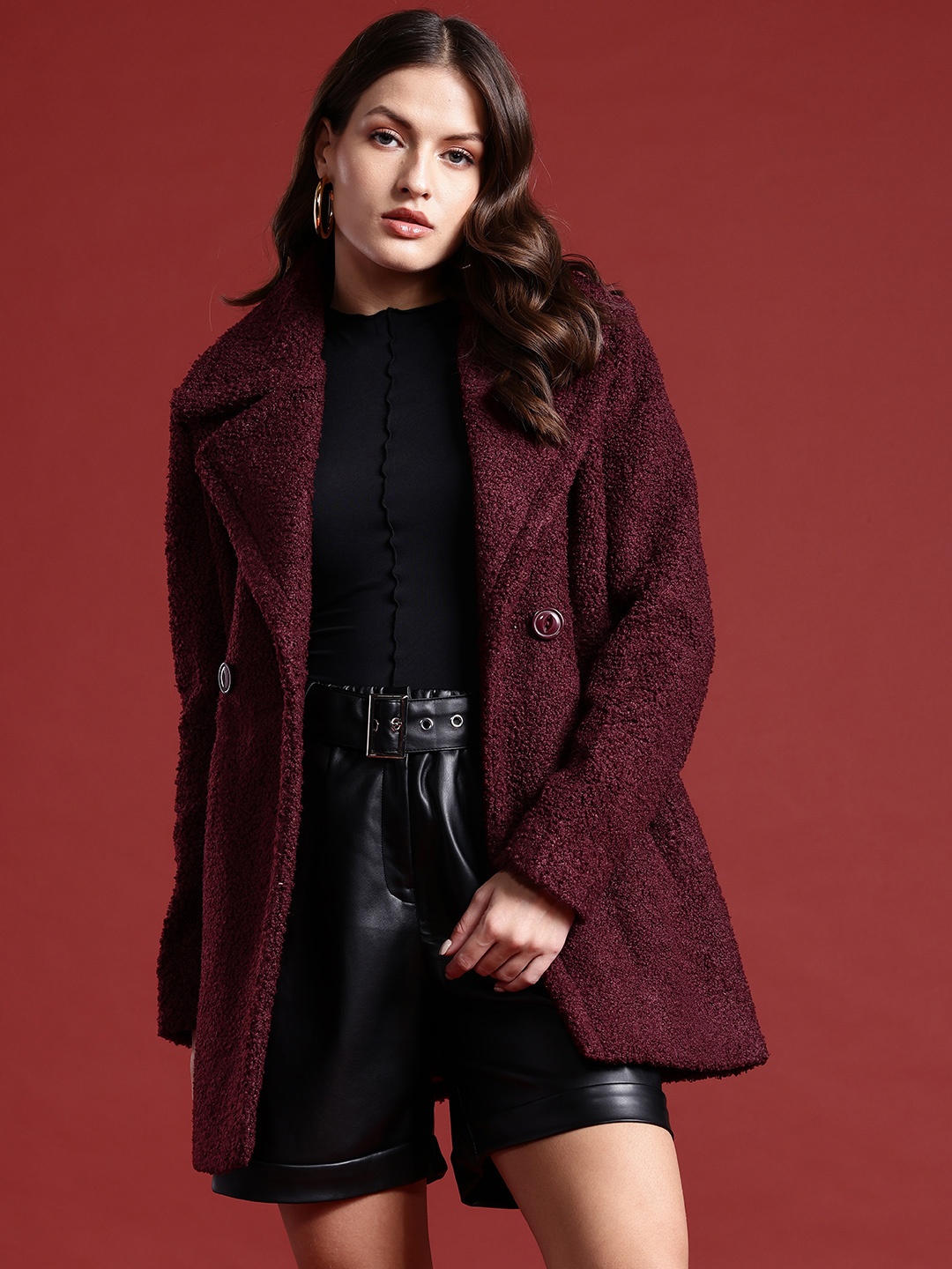 

all about you Notched Lapel Collar Self Design Longline Overcoat, Burgundy