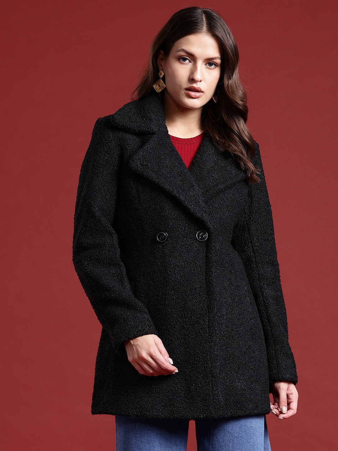 

all about you Notched Lapel Collar Self Design Longline Overcoat, Black