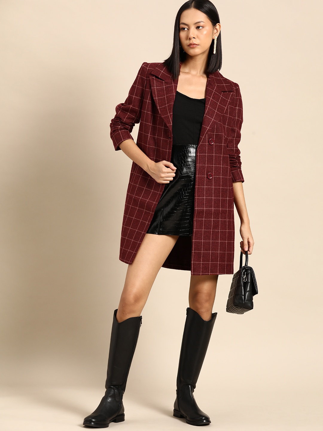 

all about you Checked Longline Overcoat, Maroon