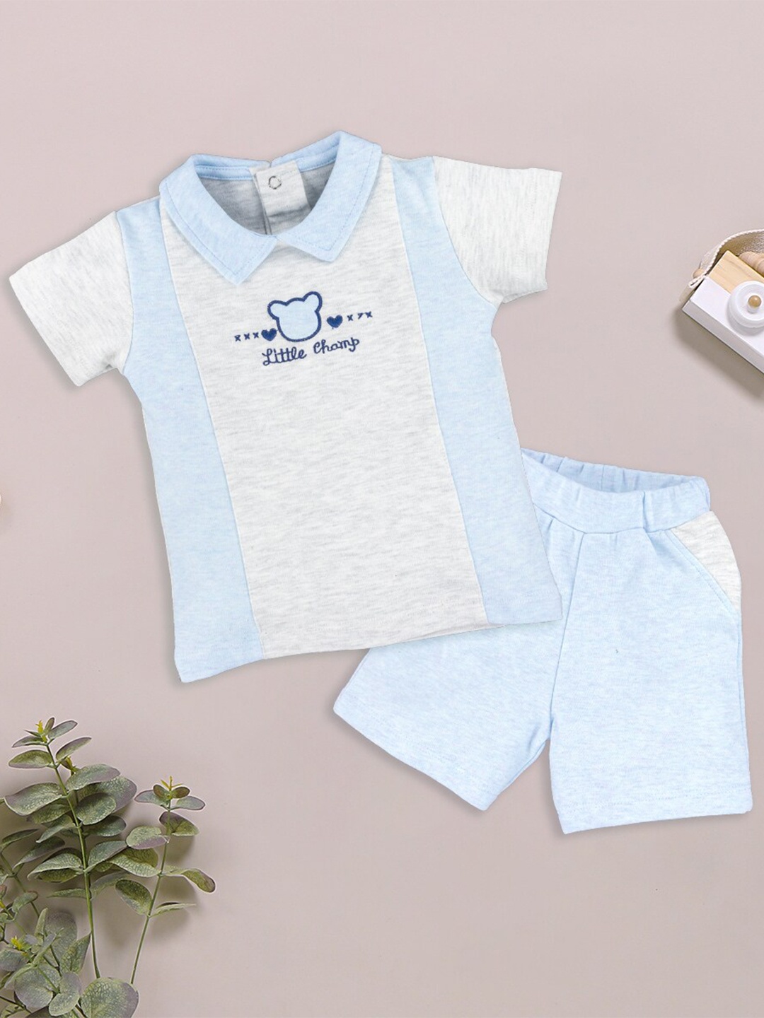 

BABY GO Boys Colourblocked Pure Cotton T-shirt With Shorts, Blue
