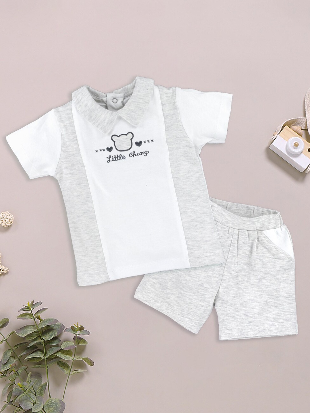 

BABY GO Infants Boys Printed Pure Cotton T-shirt With Shorts Set, Grey