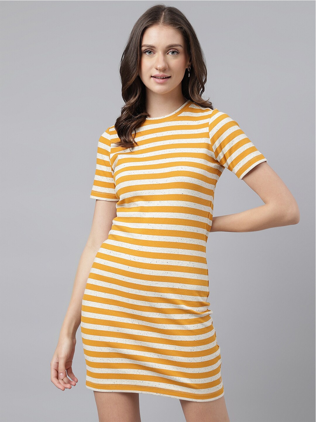 

Xpose Round Neck Striped Mini T-Shirt Dress, Yellow