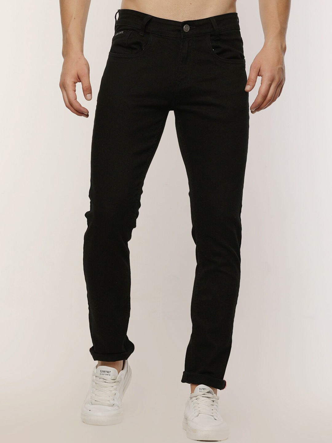 

Jean Cafe Men Jean Slim Fit Mid-Rise No Fade Pure Cotton Jeans, Black