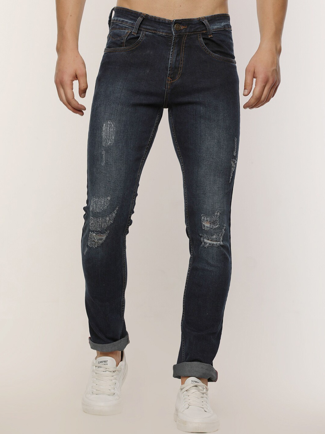 

Jean Cafe Men Slim Fit Mildly Distressed Light Fade Jeans, Blue