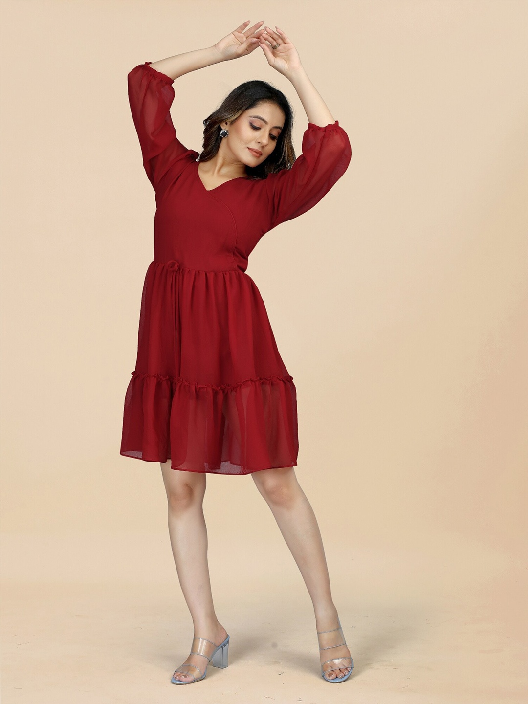 

APNISHA V-Neck Puff Sleeve Georgette Fit & Flare Dress, Maroon