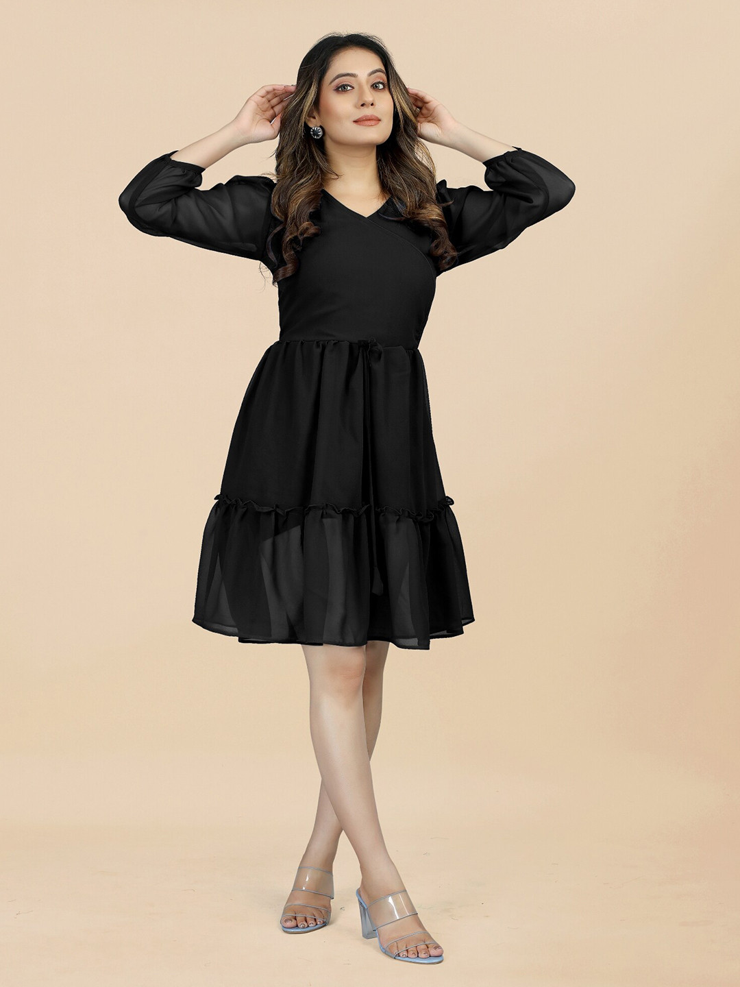

APNISHA V-Neck Puff Sleeve Georgette Fit & Flare Dress, Black