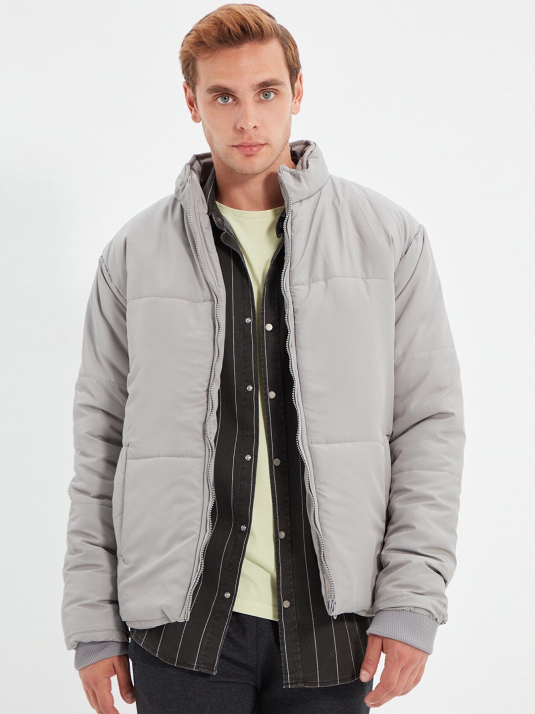

Trendyol Men Stand Collar Bomber Jacket, Grey