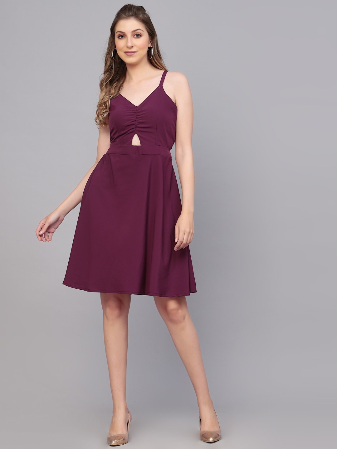 

Selvia Cut-Out Detail Gathered Sleeveless A-Line Dress, Purple