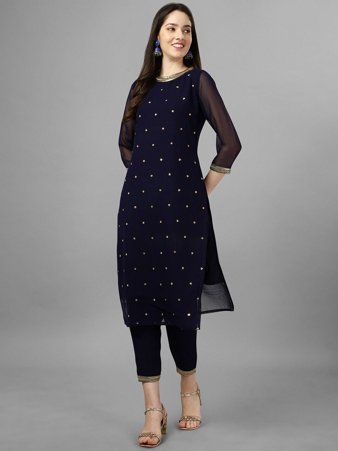 GORGONE Ethnic Motifs Embroidered Sequinned Georgette Kurta, Navy blue