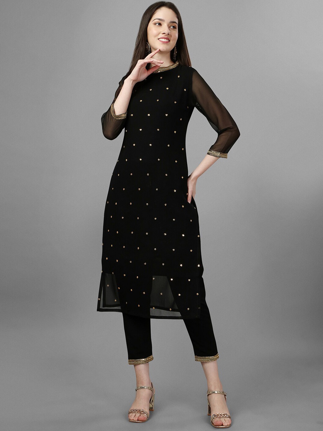 

GORGONE Georgette Sequence Embroidery Mandarin Collar Kurta, Black