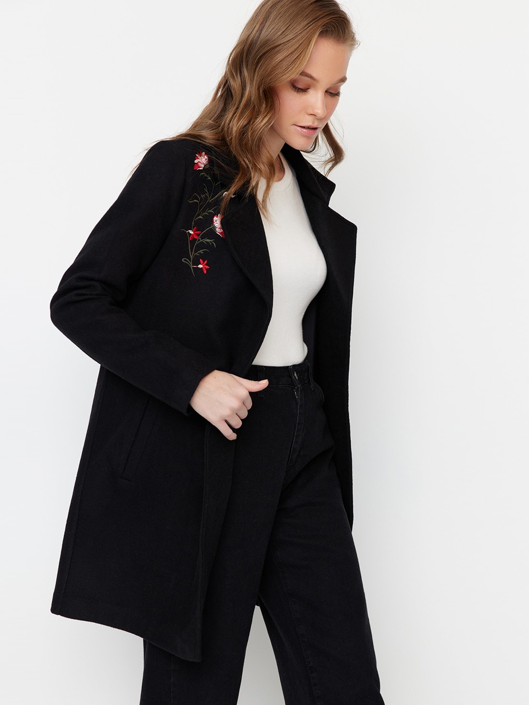 

Trendyol Floral Embroidered Double-Breasted Overcoat, Black