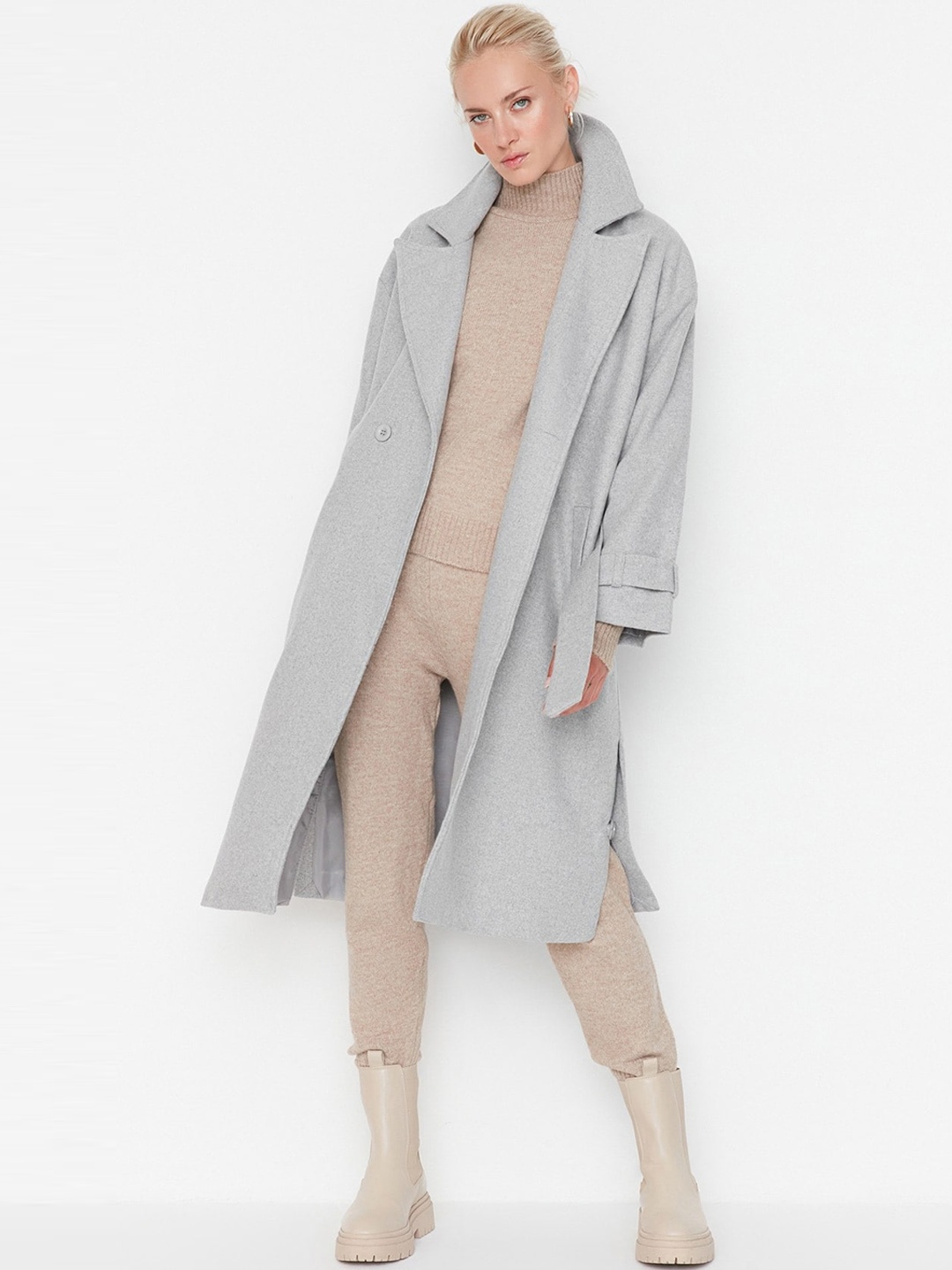 

Trendyol Women Double-Breasted Knee-Length Trench Coat, Grey