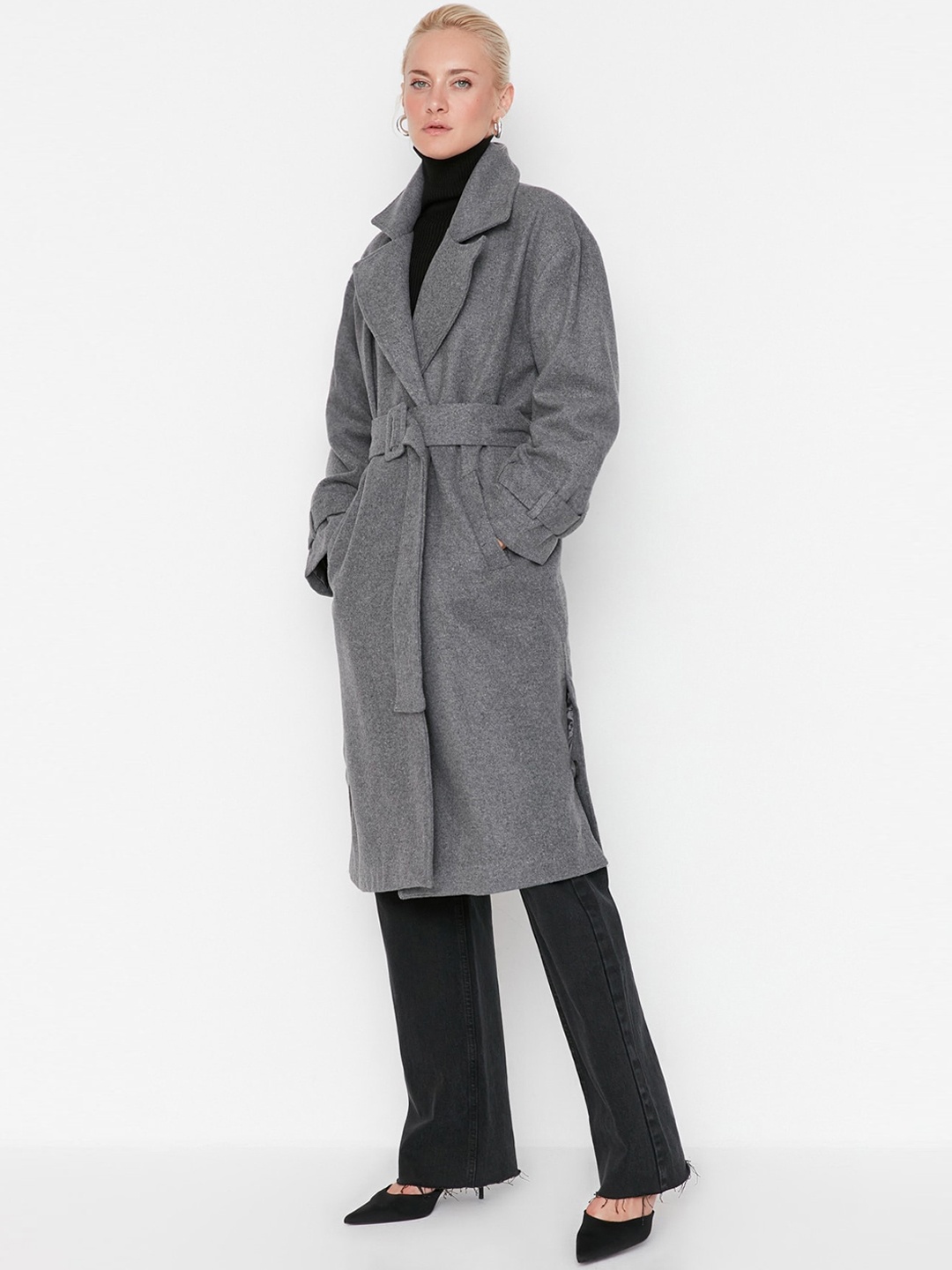 

Trendyol Knee-Length Belted Trench Coat, Grey