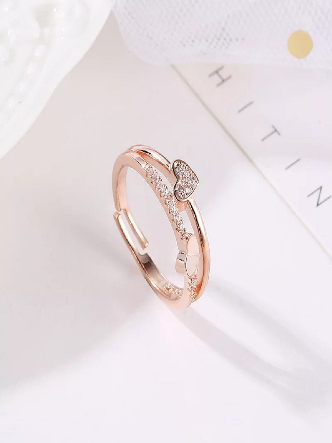 

UNIVERSITY TRENDZ Rose Gold-Plated Crystals-Studded Heart Finger Ring