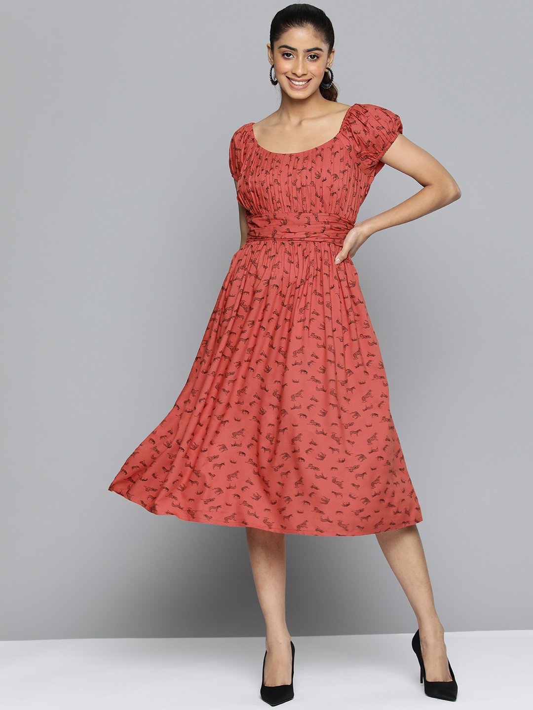 

HERE&NOW Printed Puff Sleeve Net A-Line Midi Dress, Red