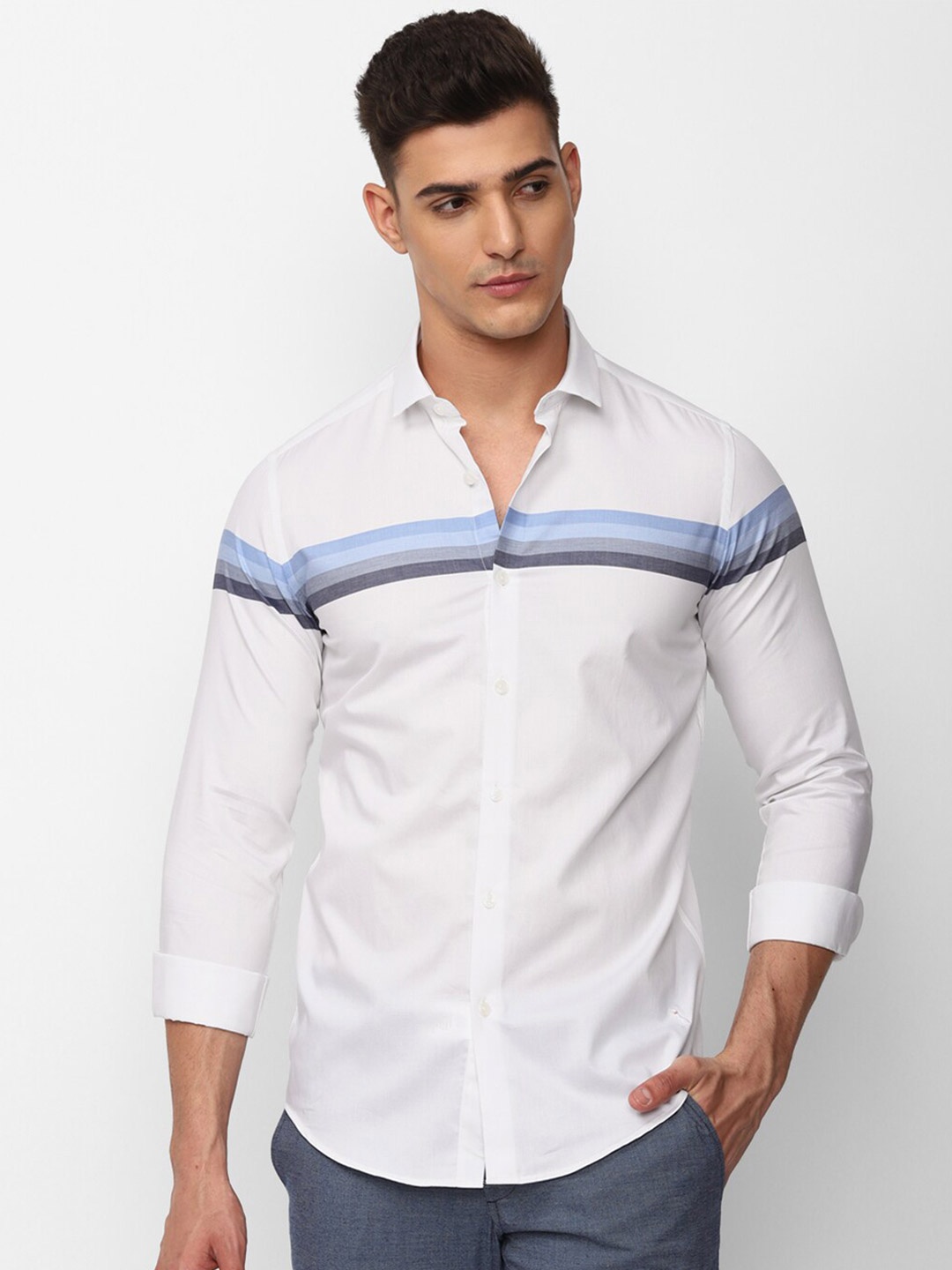 

SIMON CARTER LONDON Slim Fit Horizontal Striped Pure Cotton Casual Shirt, White